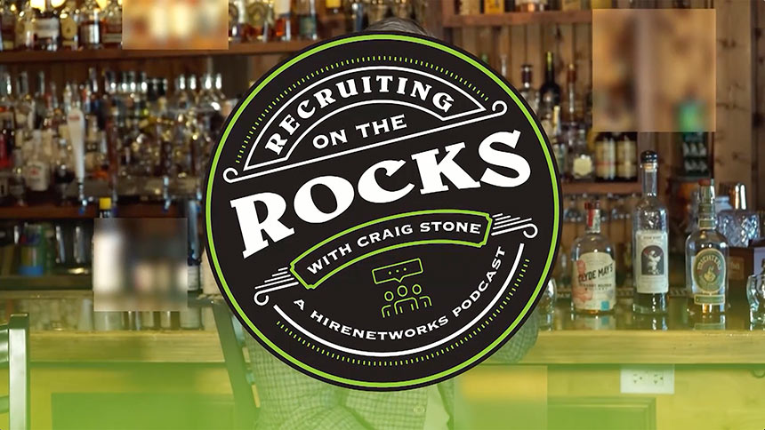 Graphic showing Recruiting on the Rocks podcast logo over video still